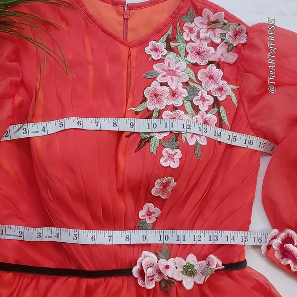 Orange Embellished Pleated Long Sleeve Gown - Picture 6 of 16